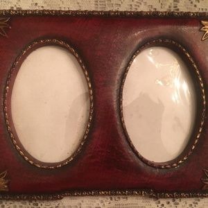 Vtg Leather Look Picture Frame 2 Windows Gold Trim